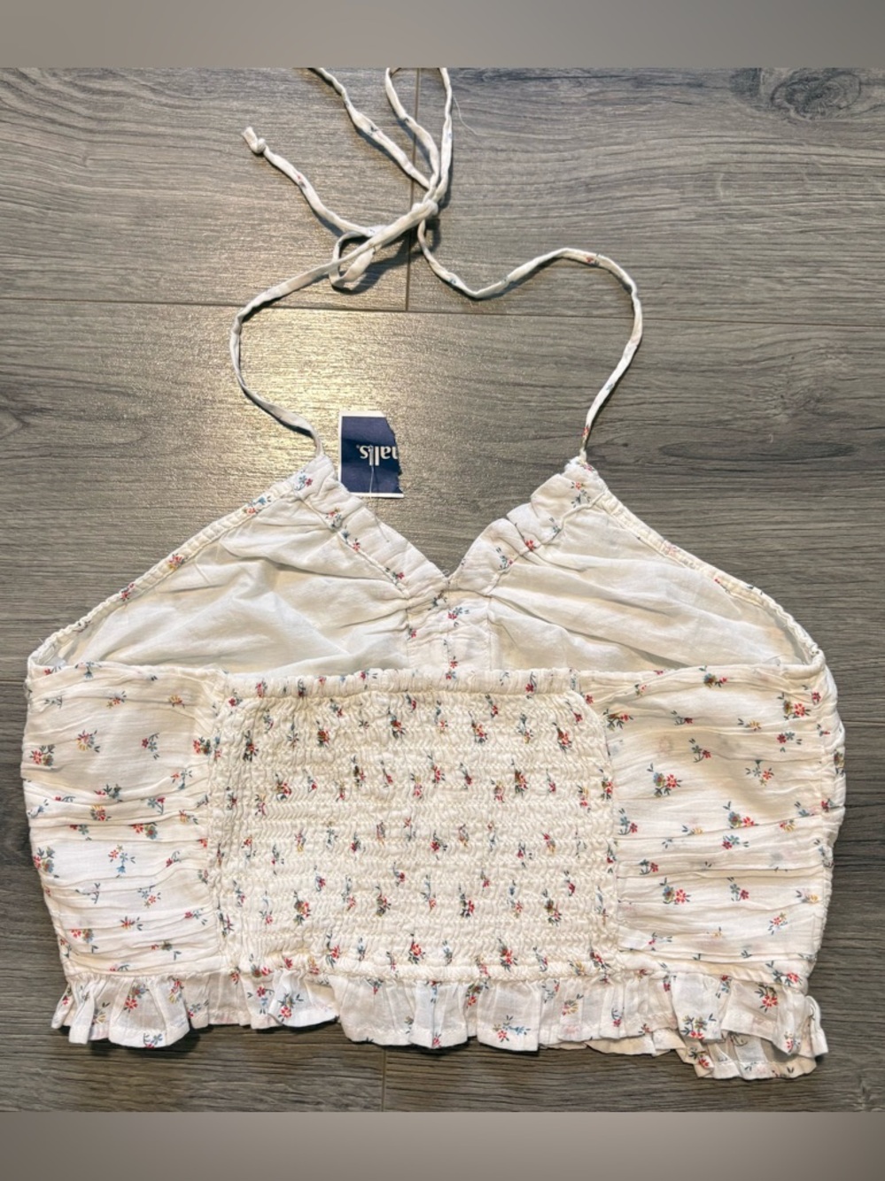 American Eagle Outfitters Cotton White Floral Ruched Halter Crop Top - Picture 3 of 4